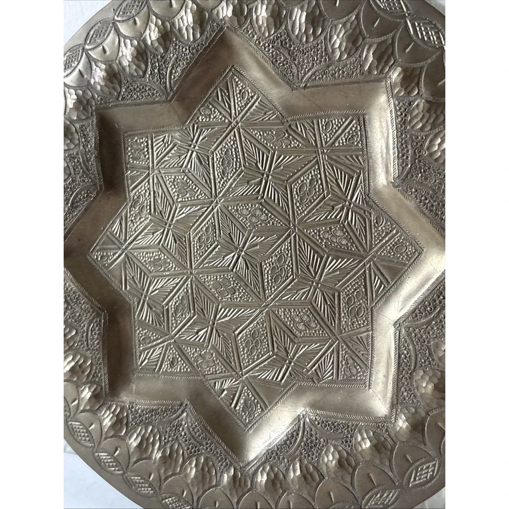 Vintage Hammered Brass Round Tray Plate Moroccan Middle Eastern 6.5